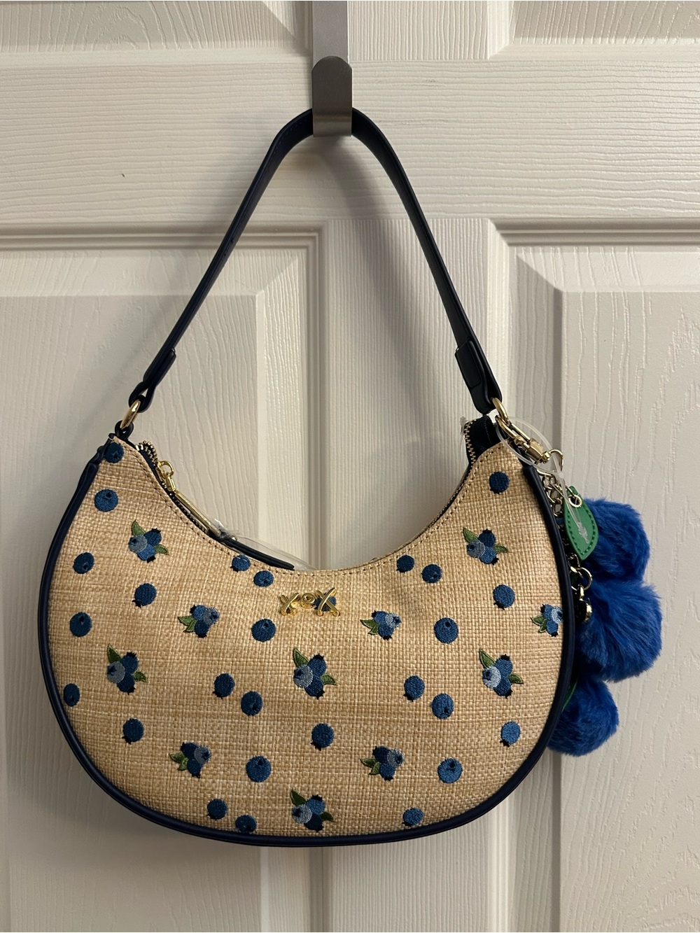 Betsey Johnson Navy Trim Straw Shoulder Bag with a Blue Pom Pom Charm - Picture 14 of 16